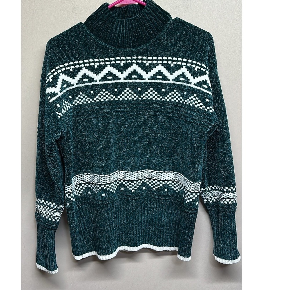 Christian Siriano New York Women's‎ Green Chenille Fair Isle M Mock Neck Sweater